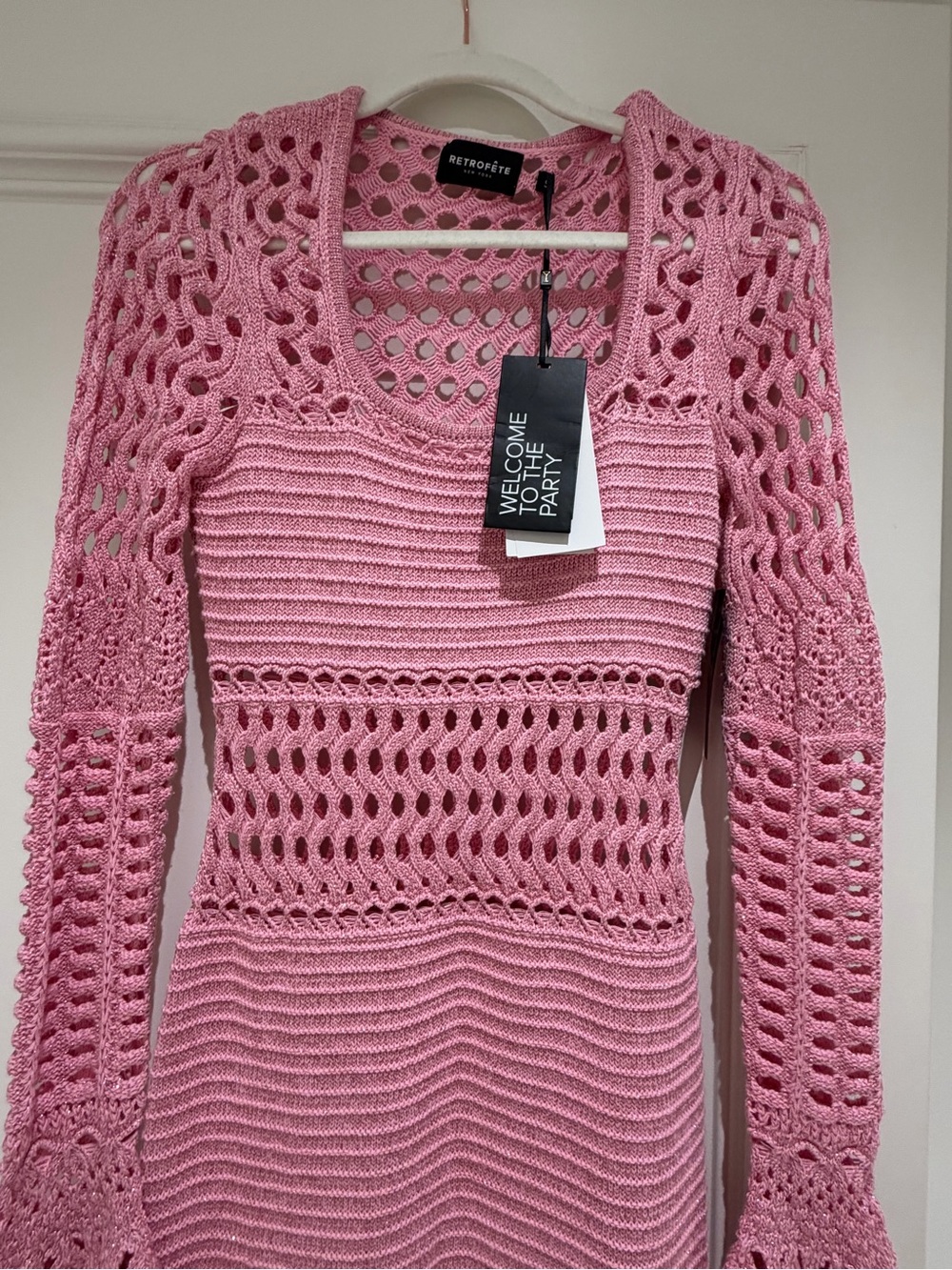 Retrofete Pink Crochet Knit Long-Sleeve Midi Dress size small stretchy - Picture 3 of 5